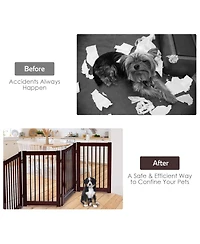 Akiudex 4-Panel Foldable Wooden Pet Gate with Lockable Door and Adjustable Shape