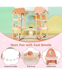 Akiudex 3-Story Wooden Dollhouse with Furniture and Corner Design for Kids Ages 3+