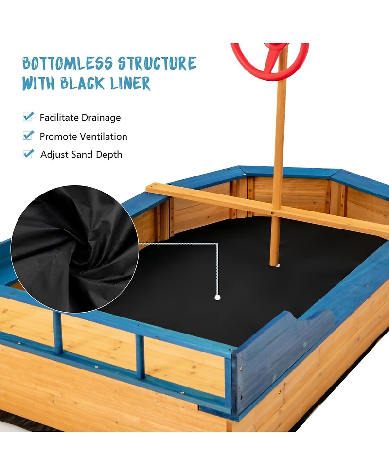 Akiudex Wooden Pirate Ship Sandbox with Bench and Liner for Kids Outdoor Play