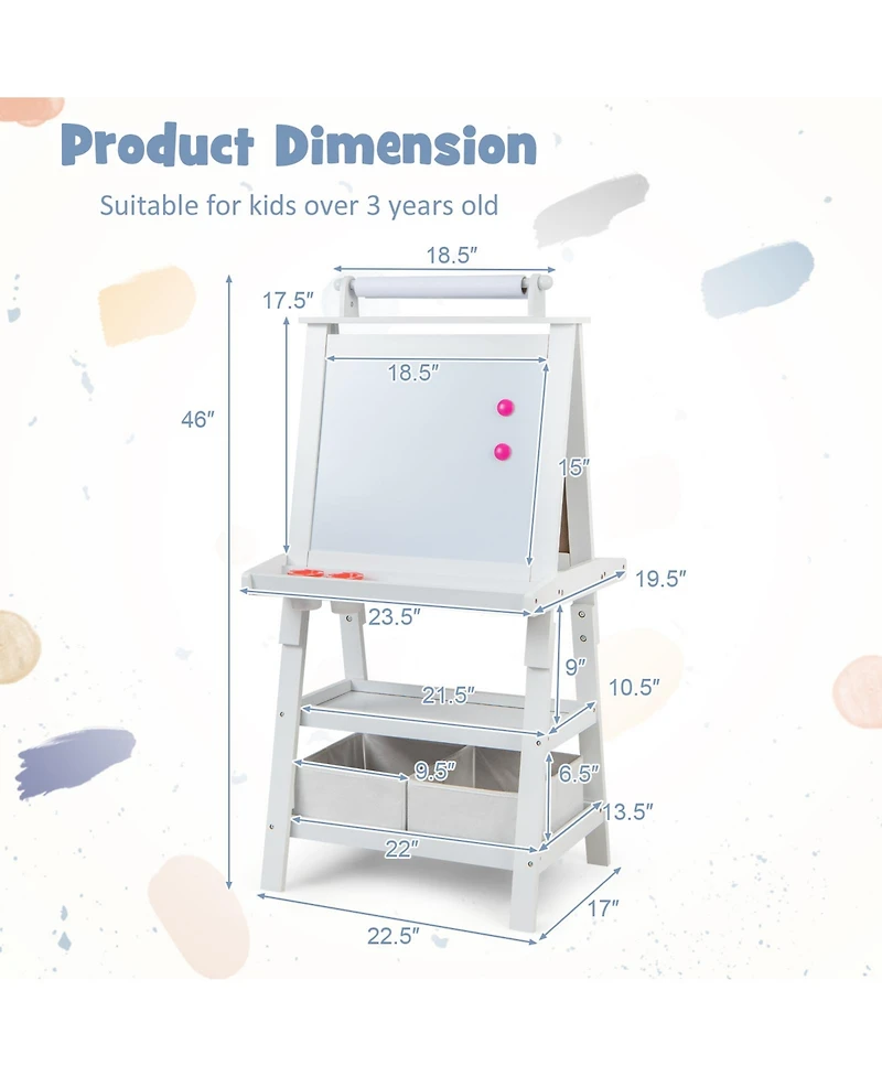 Akiudex 3 in 1 Wooden Art Easel with Double Sided Board and Storage for Kids