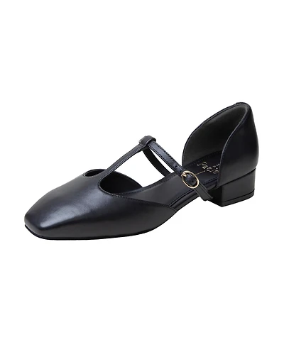 Coralee | Two Piece T-Strap Low Heel Leather Pumps