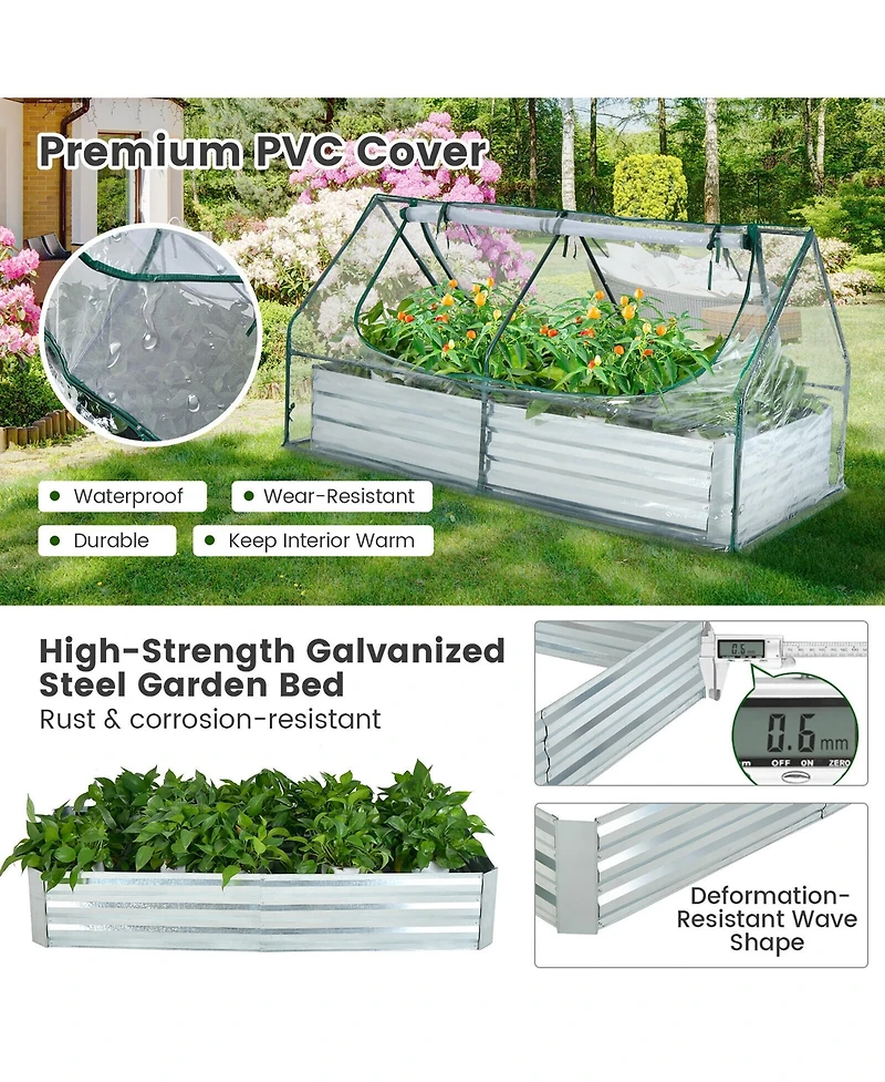 Gymax Galvanized Steel Raised Garden Bed Metal Planter Box Kit w/ Mini Greenhouse Cover