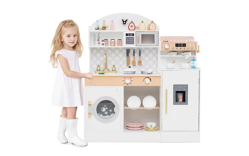 Akiudex Kids Wooden Kitchen Set with Drink Station and Accessories