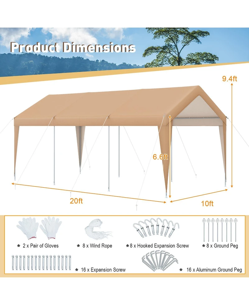 Akiudex 10x20 Ft Heavy-Duty Carport with Removable Sidewalls and Pe Canopy Cover