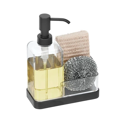 iDesign Stainless Steel Sink Caddy with Soap Pump, Clear/Matte Black