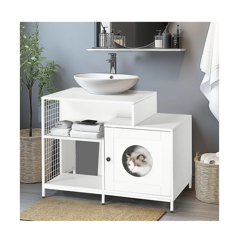 Aostirmotor White Cat Litter Box Enclosure Hidden Litter Washroom with Divider Indoor Large Cats