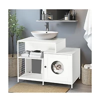 Aostirmotor White Cat Litter Box Enclosure Hidden Litter Washroom with Divider Indoor Large Cats