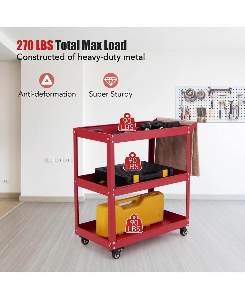 Akiudex 3-tier rolling tool cart with spacious shelves, 4 universal wheels and 2 brakes