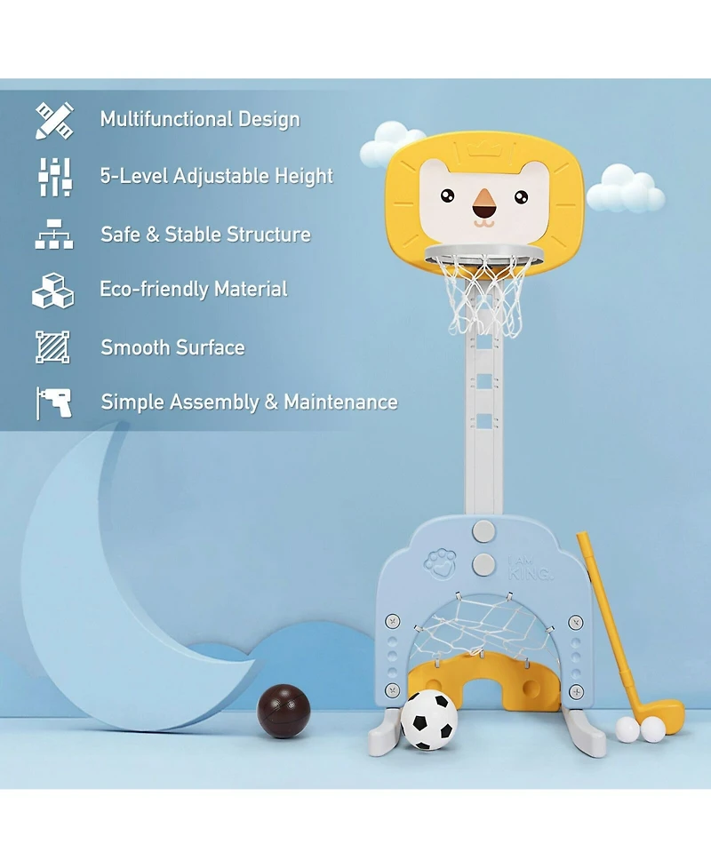 Akiudex 3 in 1 Adjustable Kids Basketball Hoop Set with Soccer and Golf Games