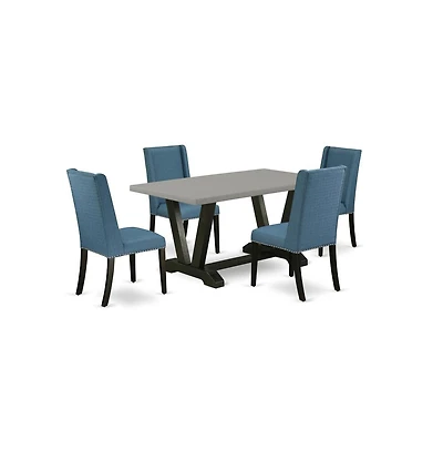East West Furniture 5-Piece Modern Dinette Set an Excellent Cement Color Dining Room Table Top and 4 Stunning Linen Fabric Kitchen Chairs with Nail He