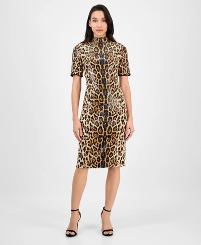 Anne Klein Women's Sequined Animal-Print Short-Sleeve Bodycon Dress