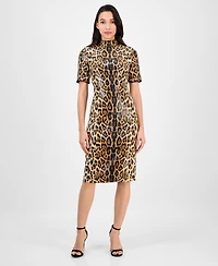 Anne Klein Women's Sequined Animal-Print Short-Sleeve Bodycon Dress