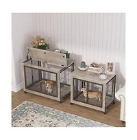 Aostirmotor Grey Dog Crate Side Table with Wheels Double Doors and Lift Top