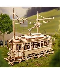 Robotime 3D Puzzle Classic City Tram Car Mechanical Gear Model Kit, Beige, 11.3"6.49"9.72"