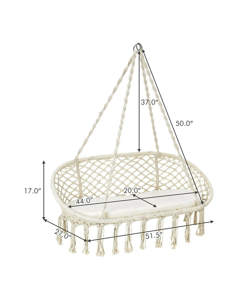 Akiudex 2-Person Hanging Hammock Chair with Cushion Macrame Swing