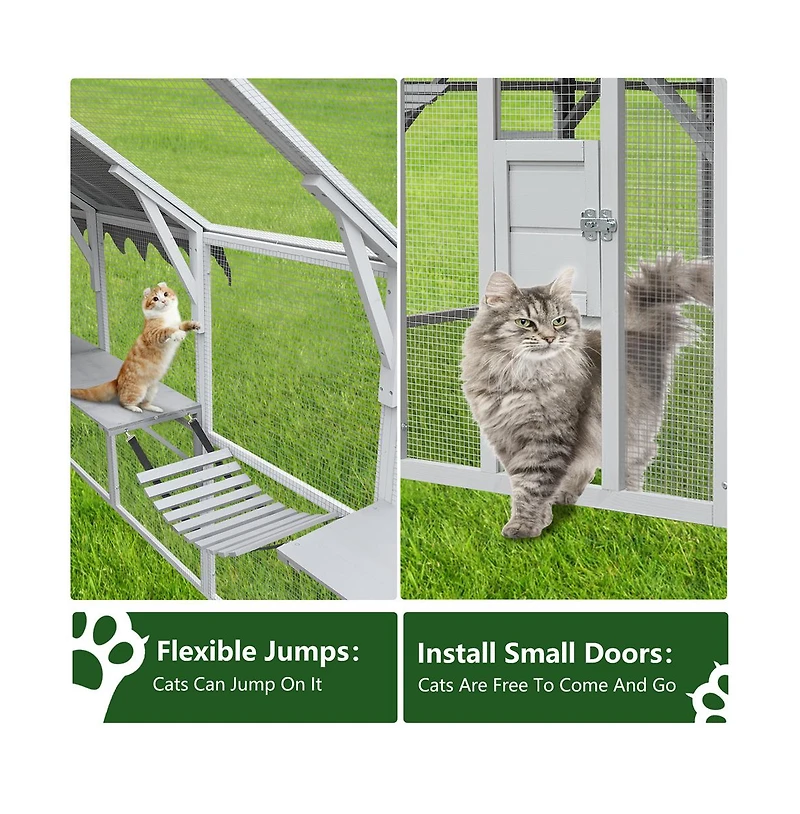 Aostirmotor 110 in. Outdoor Cat House Cat Enclosures with Platforms Upgrade Waterproof Cover in Gray White
