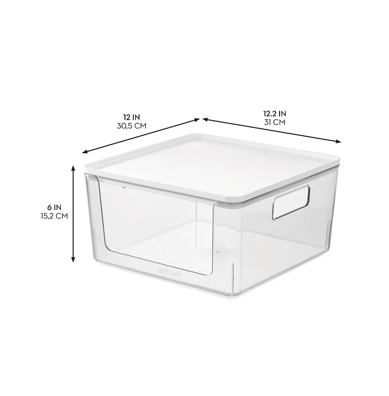 iDesign Stackable Open-Front Bins with Lid, Set of 3, Clear/White
