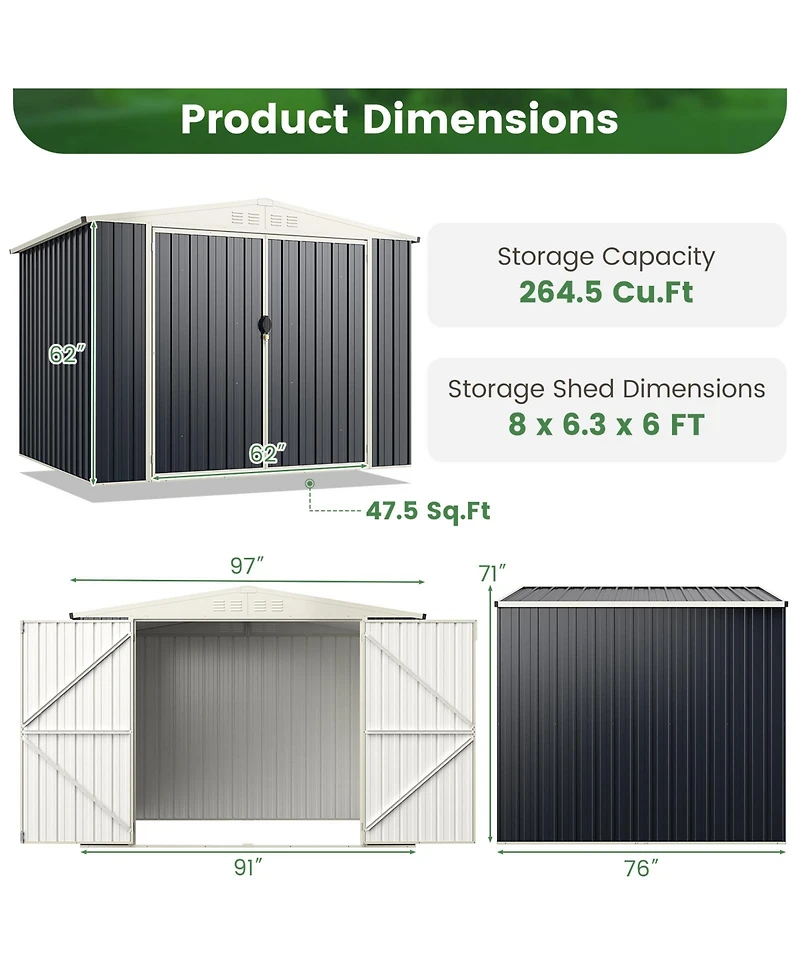 Akiudex 7.5x6 Ft Outdoor Metal Storage Shed with Lockable Doors and Sloped Roof
