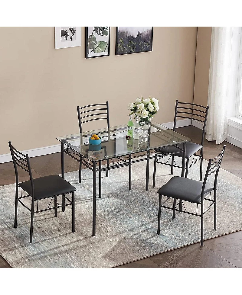 Slickblue Rectangular Glass Dining Table with 4 Chairs, Contemporary 5-Piece Set