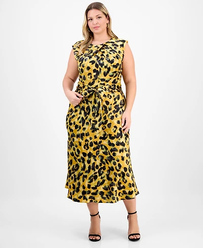 Tahari Asl Plus Pleat-Neck Waist-Tie Midi Dress