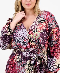Tahari Asl Plus Ruffle Hem Printed Faux-Wrap Dress
