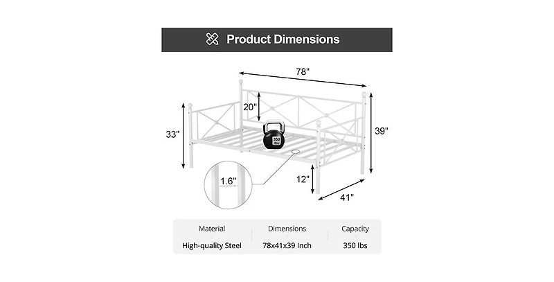 Slickblue Heavy Duty Metal Daybed Frame with Classic Design for Twin Mattress Support