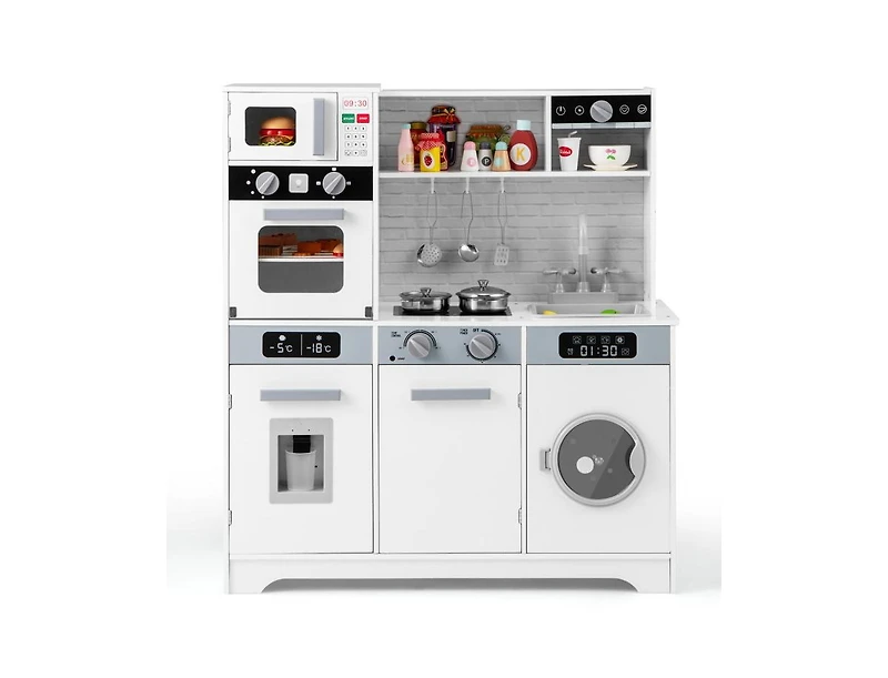 Akiudex Pretend Play Kitchen Wooden Toy Set with Real Lights and Sounds