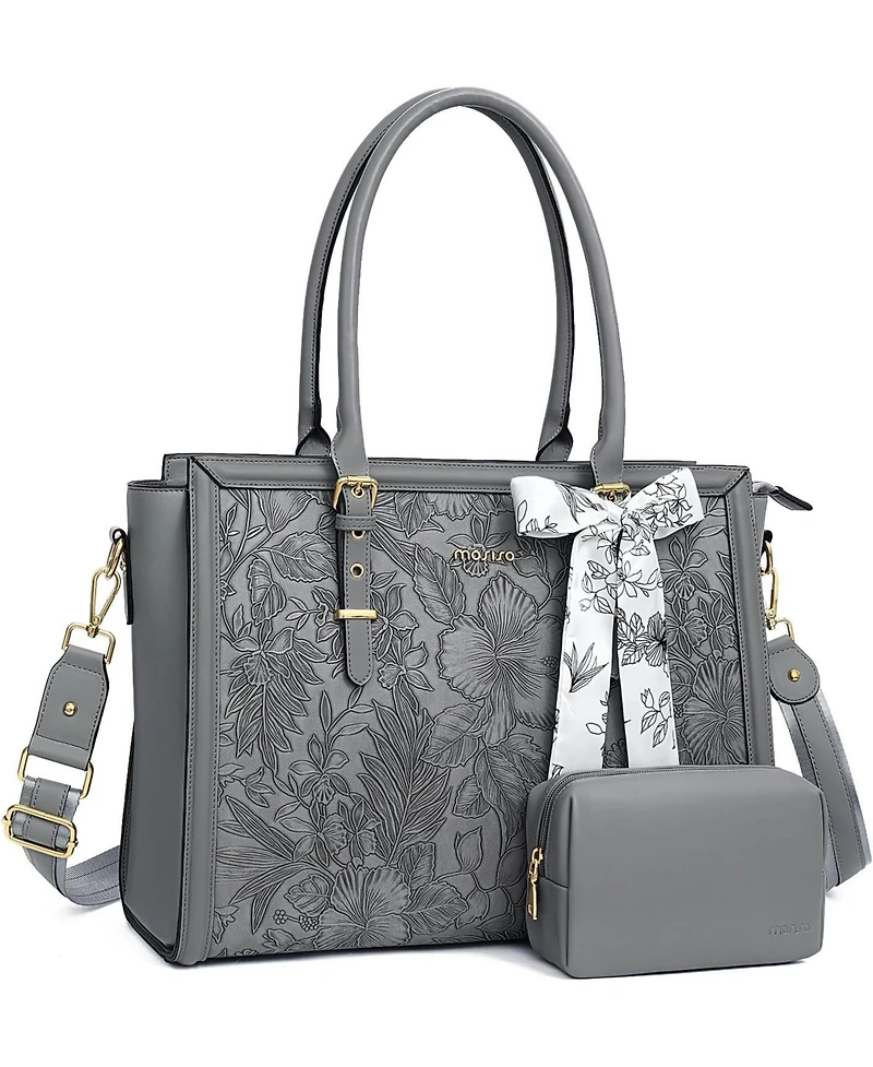 Mosiso Gray 17-17.3 Inch Pu Leather Laptop Tote Bag for Women - Compatible with MacBook, Hp, Dell, Asus - Retro Hibiscus Embossed Computer Bag