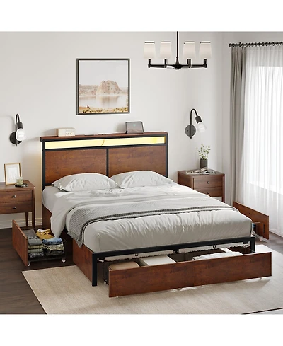 Hausource Modern Queen Bed Frame with Led Headboard, 4 Storage Drawers, No Box Spring Needed