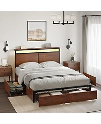 Hausource Modern Queen Bed Frame with Led Headboard, 4 Storage Drawers, No Box Spring Needed