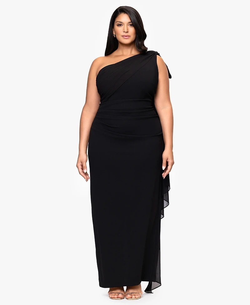 Xscape Plus-Size One-Shoulder Sash Gown