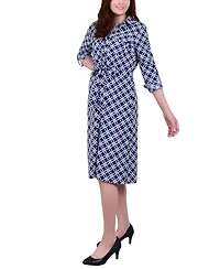 Ny Collection Petite Geometric Printed Long Sleeve Roll Tab Shirtdress