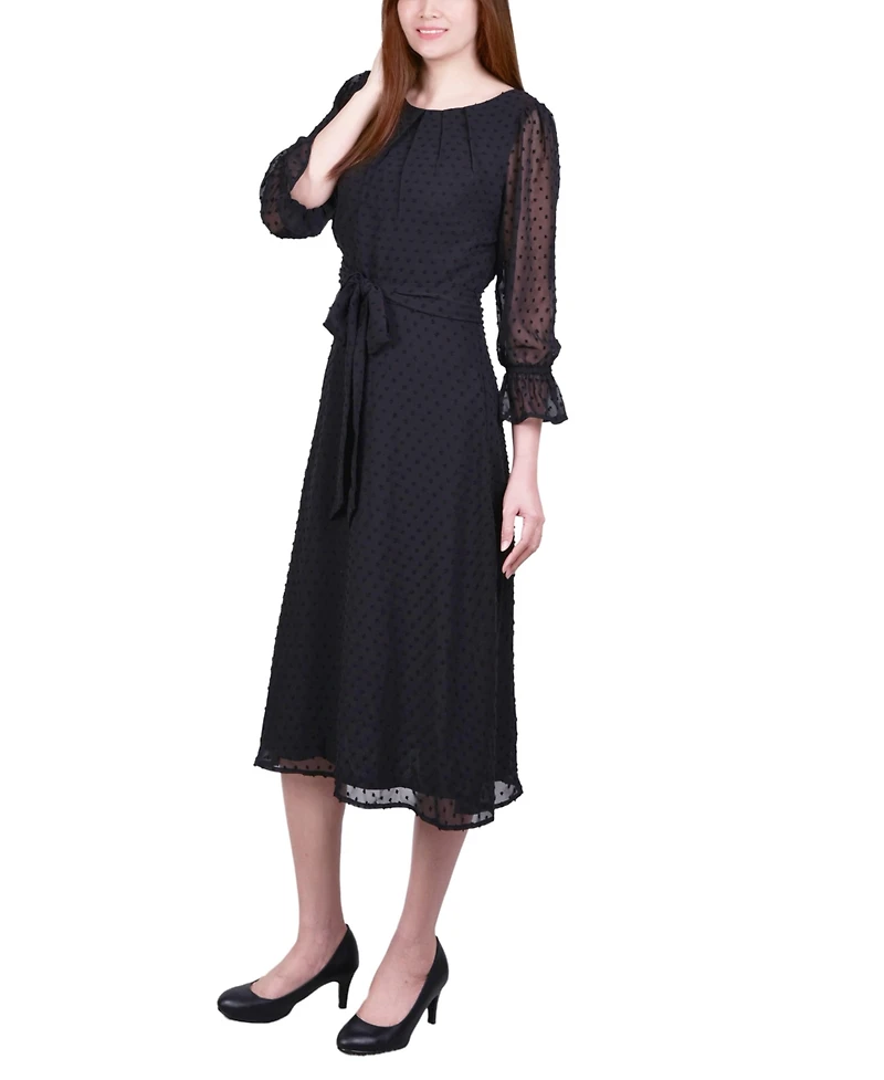 Ny Collection Petite 3/4 Sleeve Belted Swiss Dot Dress