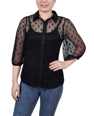 Ny Collection Petite Elbow Sleeve Clip Dot Top