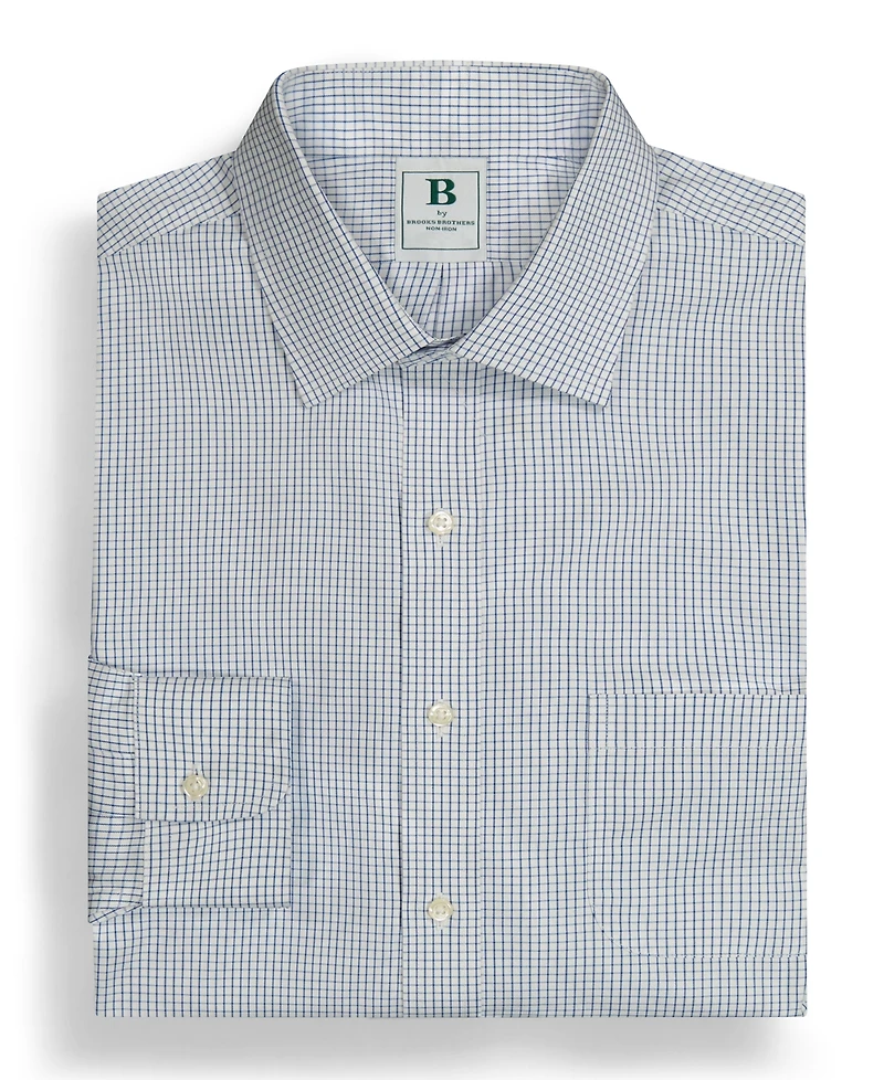 Men's Regular Fit Non-Iron Polo Button-Down Collar Blue Check Pinpoint Dress Shirt