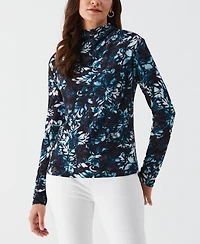 Ella Rafaella Women's Shadow Damask Print Ruched Mock Neck Long Sleeve Top