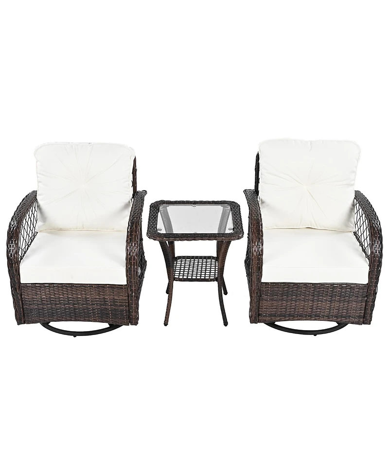 Flynama 3-piece Outdoor Chair&Table Set Chat Set 2-person Rattan Seating Group with Two Swiveling and Rocking Chairs and a Square Table for Garden, Pa