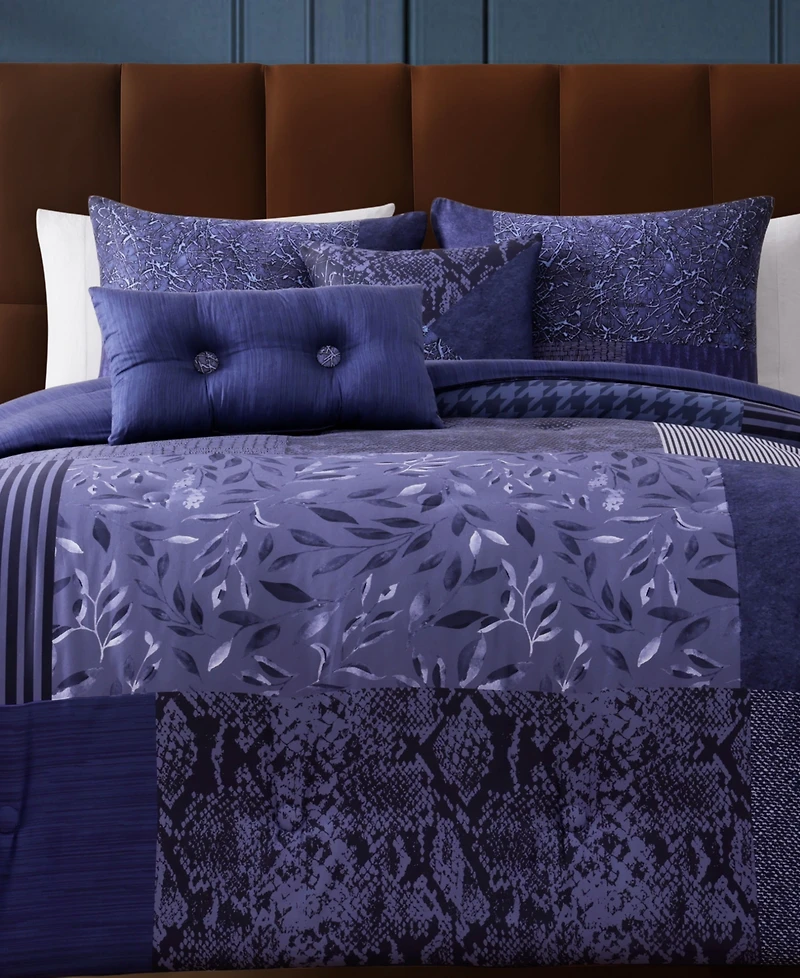 Bebejan Blue Denim Patchwork Bedding 100% Cotton Sateen 5 Piece Queen Size Reversible Comforter Set