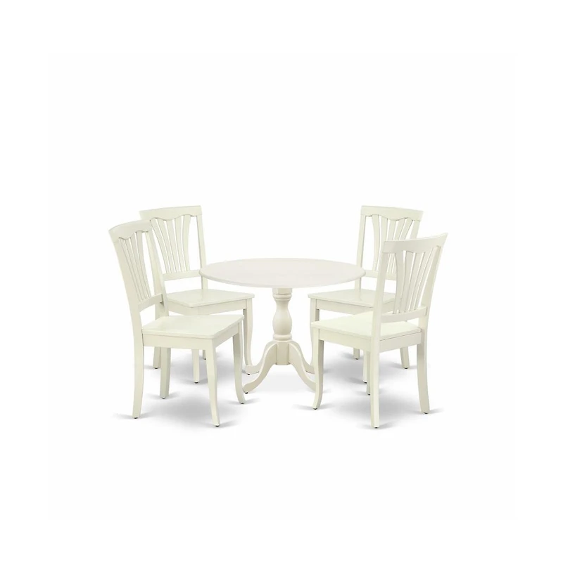 East West Furniture 5 Piece Dining Room Set Contains 1 Drop Leaves Dining Room Table and 4 Linen White Kitchen Chairs with Slatted Back