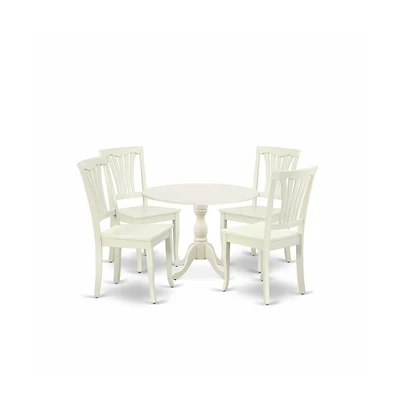 East West Furniture 5 Piece Dining Room Set Contains 1 Drop Leaves Dining Room Table and 4 Linen White Kitchen Chairs with Slatted Back