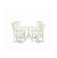East West Furniture 5 Piece Dining Room Set Contains 1 Drop Leaves Dining Room Table and 4 Linen White Kitchen Chairs with Slatted Back