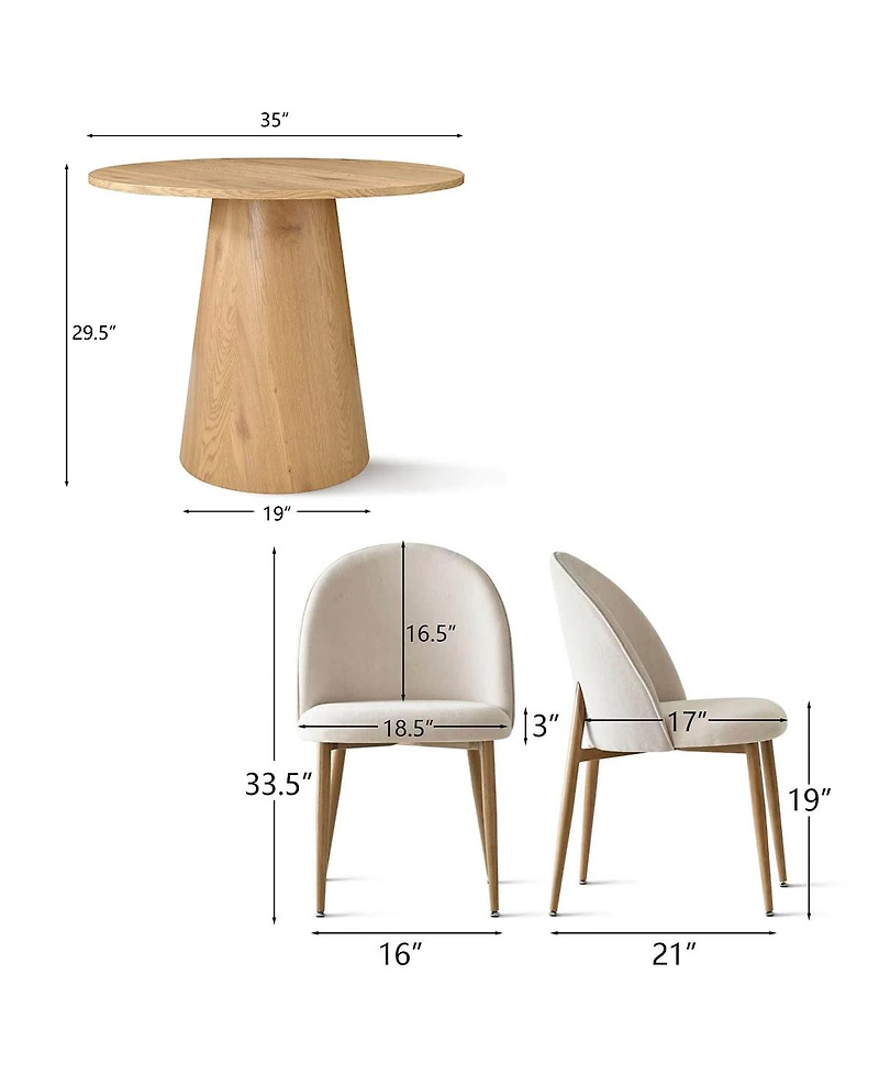 Maison Boucle 35 Inch Round Oak Veneer Dining Table Set with 2 Upholstered Chairs, Small Space Kitchen & Apartment Dining Room Furniture-Maison Boucle