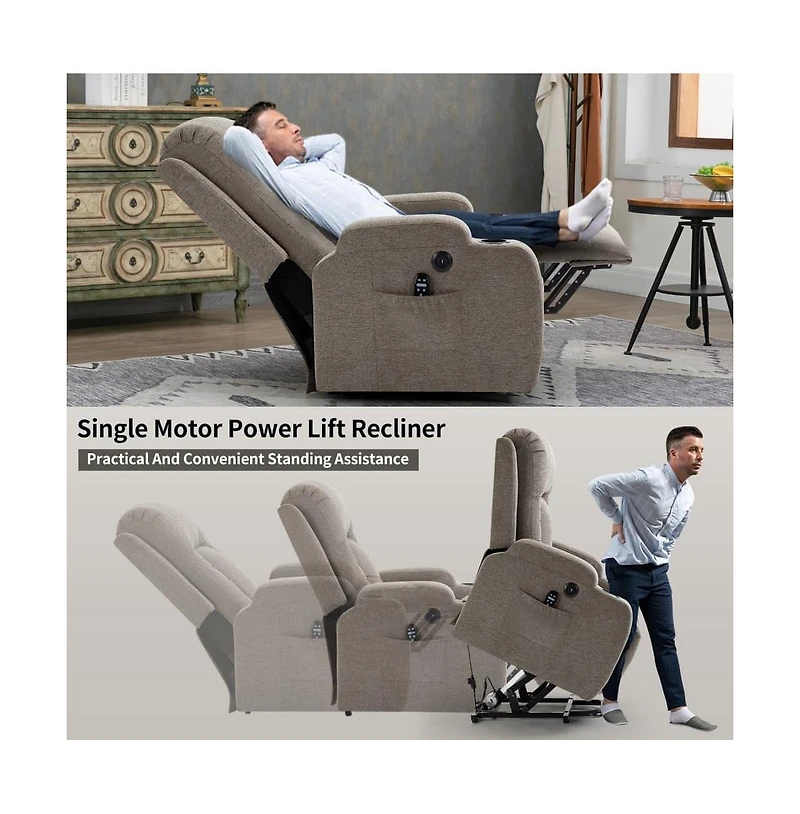 Power Lift Recliner Chair with Heat & Massage, Usb Port Cup Holders, Grey Electric Massage for Seniors-Maison Boucle