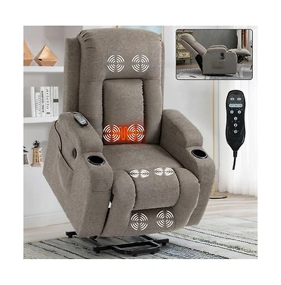 Power Lift Recliner Chair with Heat & Massage, Usb Port Cup Holders, Grey Electric Massage for Seniors-Maison Boucle