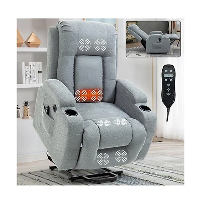 Power Lift Recliner Chair with Heat & Massage, Usb Port & Cup Holders, Grey Electric Massage Chair for Seniors-Maison Boucle