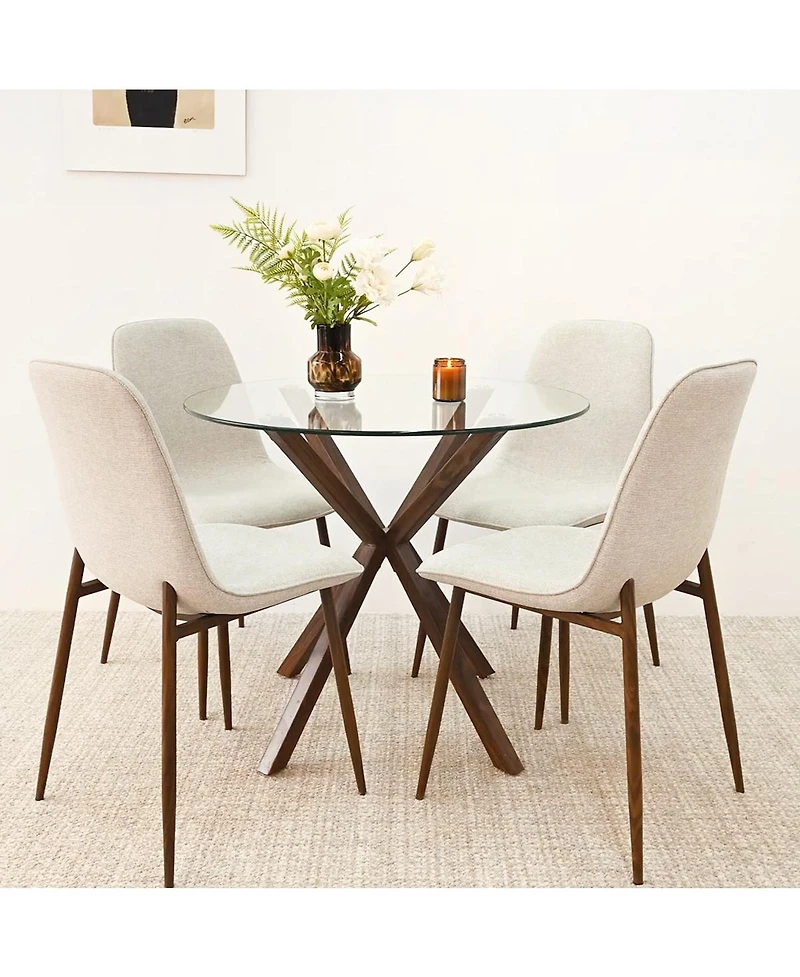 5-Piece Round Glass Dining Table Set for 4, Modern with Upholstered Fabric Chairs and Walnut Metal Legs-Maison Boucle
