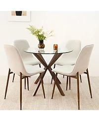 5-Piece Round Glass Dining Table Set for 4, Modern with Upholstered Fabric Chairs and Walnut Metal Legs-Maison Boucle