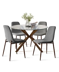 5-Piece Round Glass Dining Table Set for 4, Modern with Upholstered Fabric Chairs and Walnut Metal Legs-Maison Boucle