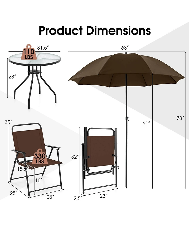 Gymax 6 Pcs Patio Dining Set w/ Umbrella 4 Folding Patio Chairs w/ Round Tempered Glass Table