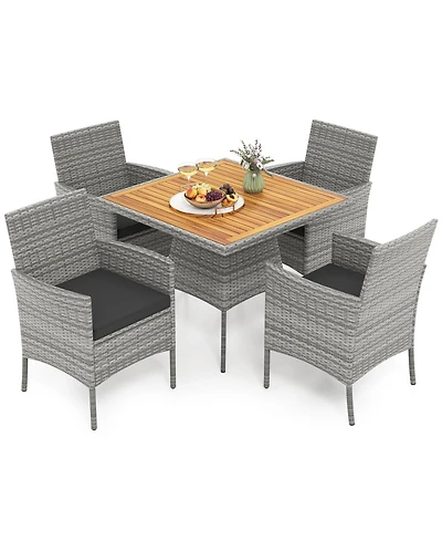 Gymax 5 Pcs Pe Wicker Patio Dining Set w/ Cushions & 1.97'' Umbrella Hole Outdoor